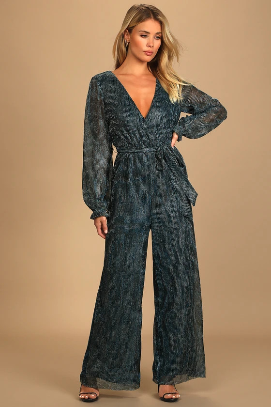 Made to Mingle Teal Metallic Long Sleeve Wide-Leg Jumpsuit | Lulus (US)