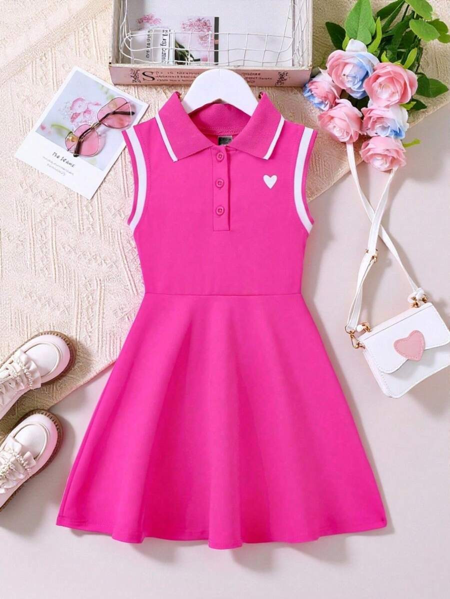 Genkimix Kids Young Girl Preppy Style Heart-Shaped Print Striped Trim Ribbed Collar Sleeveless Dr... | SHEIN
