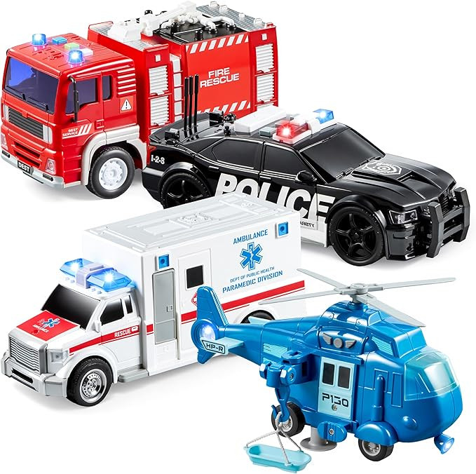 JOYIN 4 Packs Emergency Vehicle Toy Playsets, Friction Powered Vehicles with Light and Sound, Inc... | Amazon (US)
