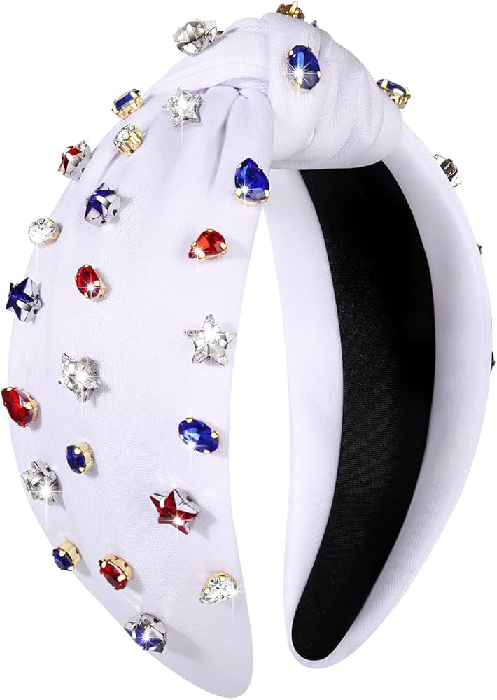 4th of July Headband for Women American Flag Star Knotted Headbands Red White and Blue Rhinestone... | Amazon (US)