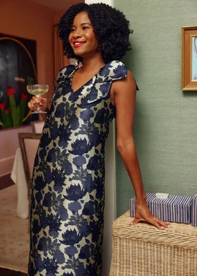 Meredith Gown Ivory and Navy Floral Silhouette Jacquard | Abbey Glass