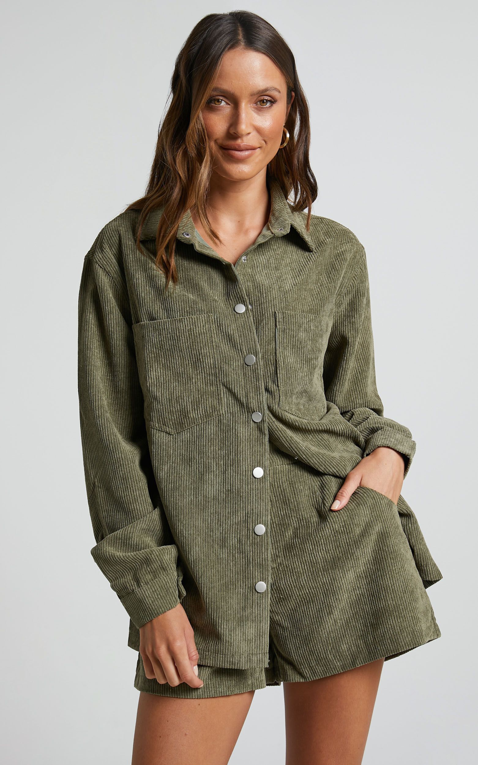 Hillevi Corduroy Shacket in Olive | Showpo (US, UK & Europe)