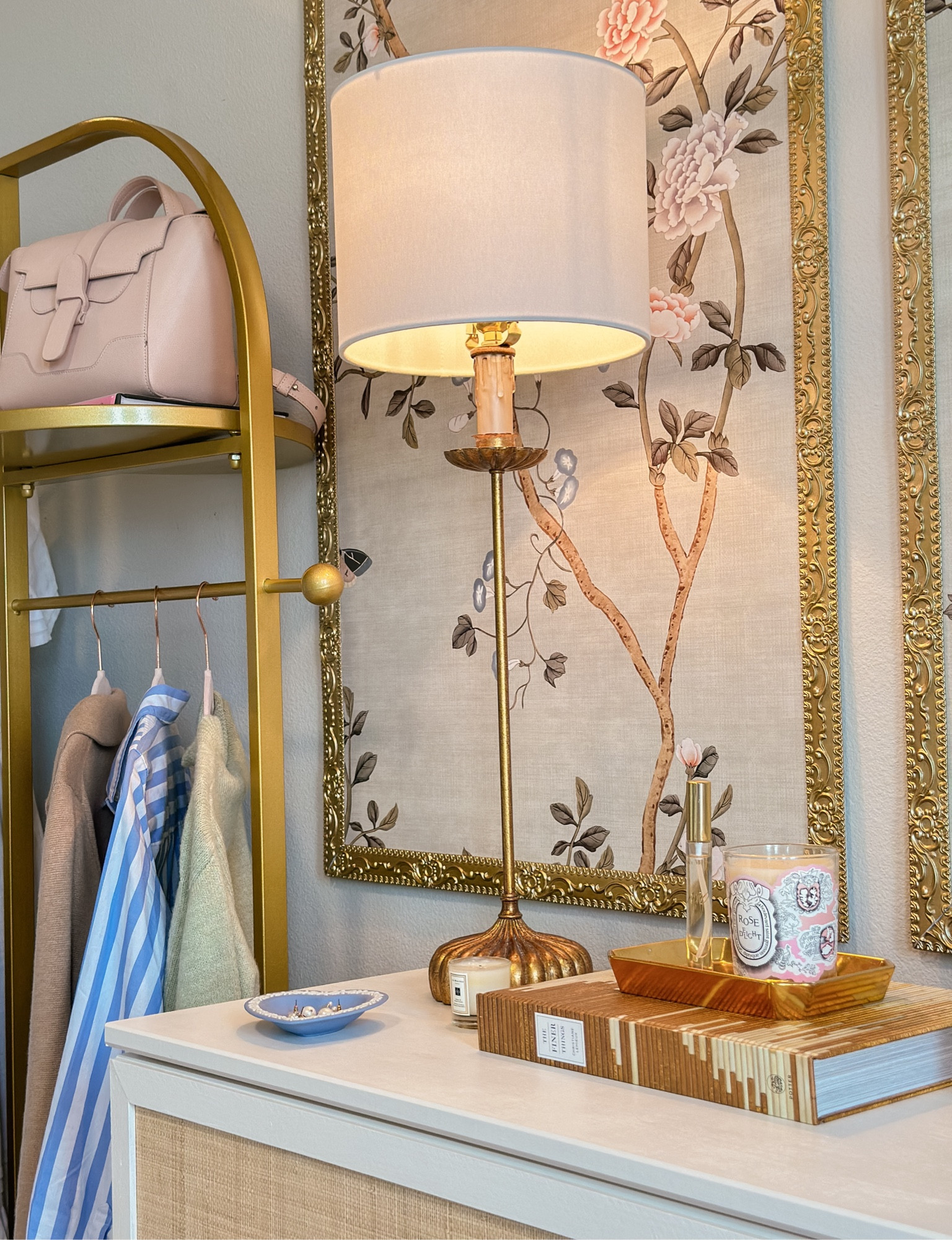 Dressing room decor / DIY wallpaper panels and gold clothing rack, lamp is from Caitlin Wilson (not available to link here) 

#LTKitbag #LTKhome