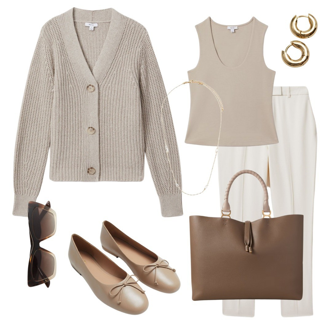 Cardigan styling, ballet flats, ballerinas, beige, white, cream tones, office trousers, workwear, designer bag, neutral wardrobe, neutrals 

#LTKfindsunder100 #LTKworkwear #LTKshoecrush