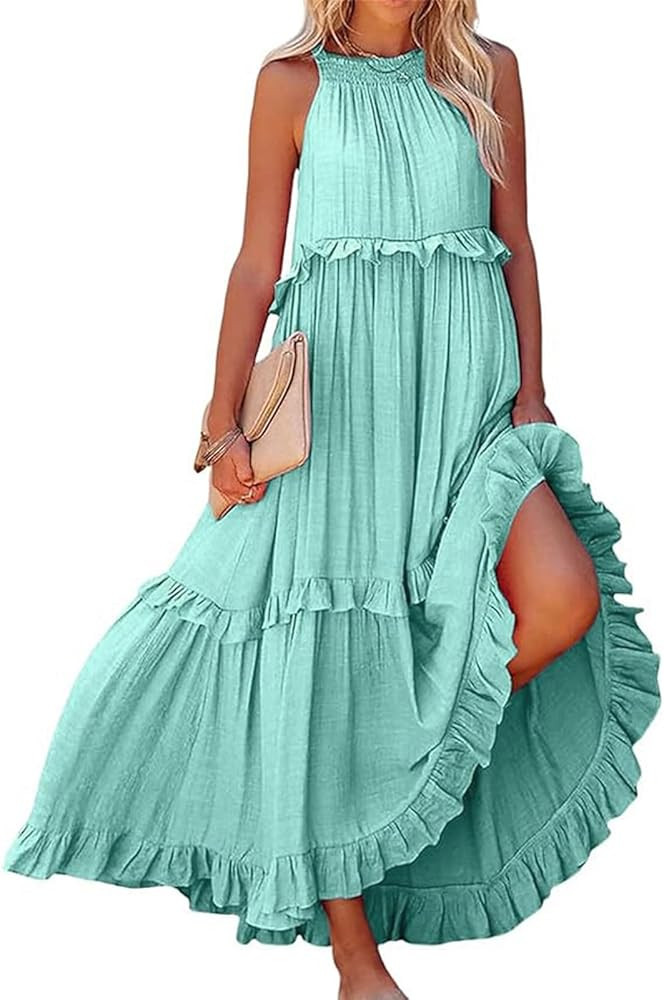 Banmave Womens Summer Boho Halter Maxi Dresses 2024 Casual Sleeveless Pleated Tiered Flowy Beach ... | Amazon (US)