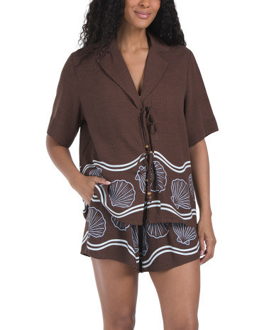 2pc Seashells Beaded Tie Front Cover-up Top And Matching Short Set | TJ Maxx