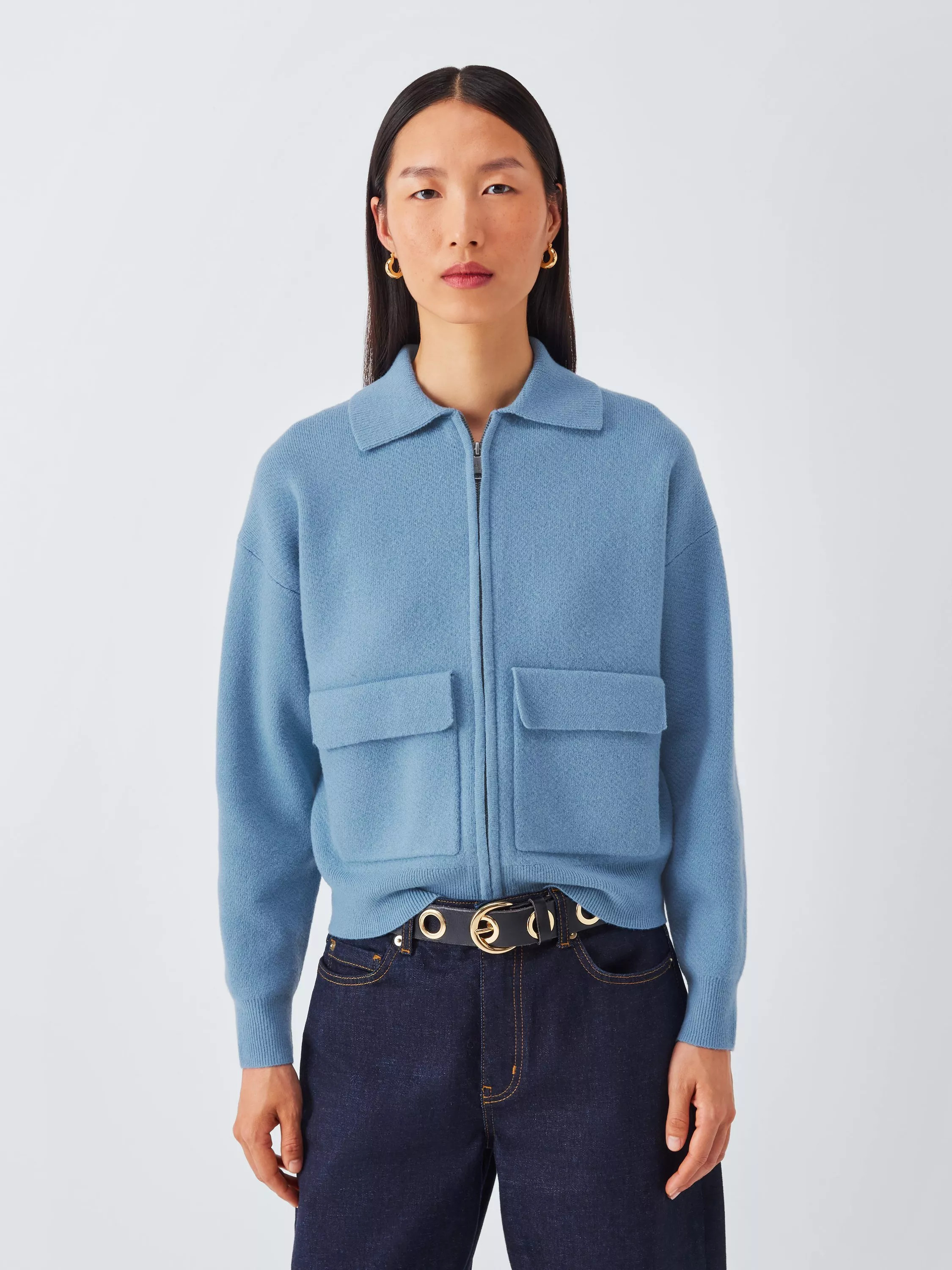 John Lewis Wool Blend Knit Zip Through Jacket, Blue | John Lewis (UK)