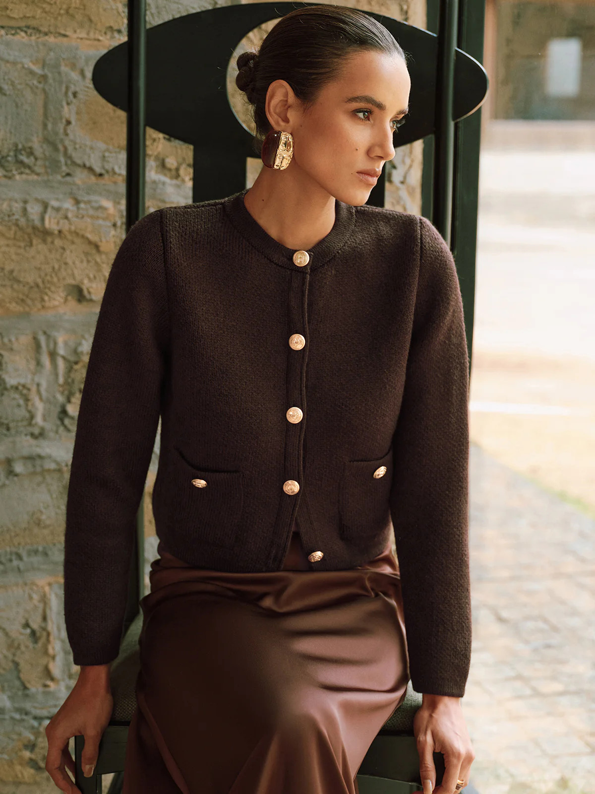 Metal Button Wool-Blend Knit Cardigan | Commense