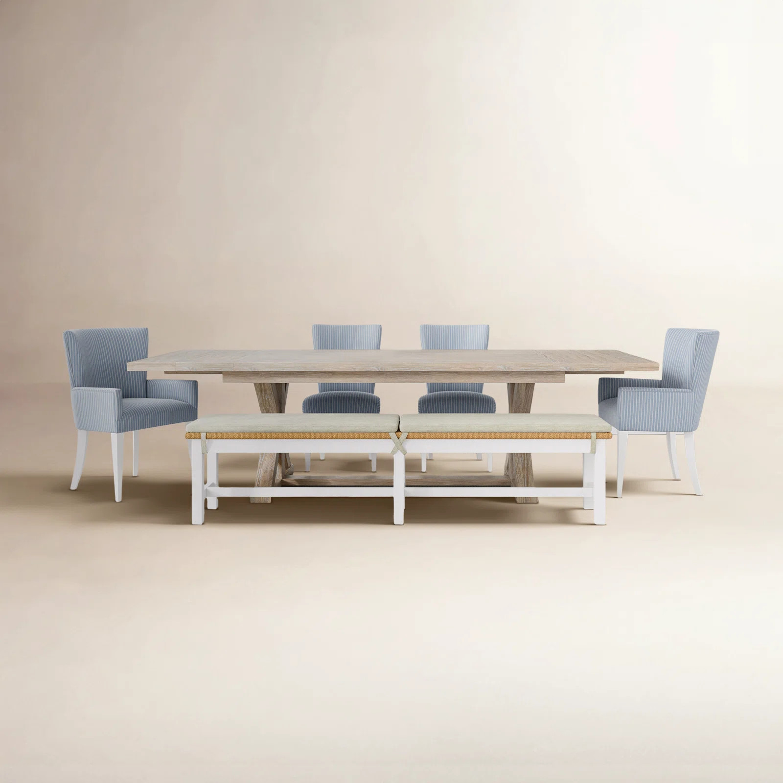 Lana Trestle Dining Table Set With Dining Bench And Armchairs | Birch Lane