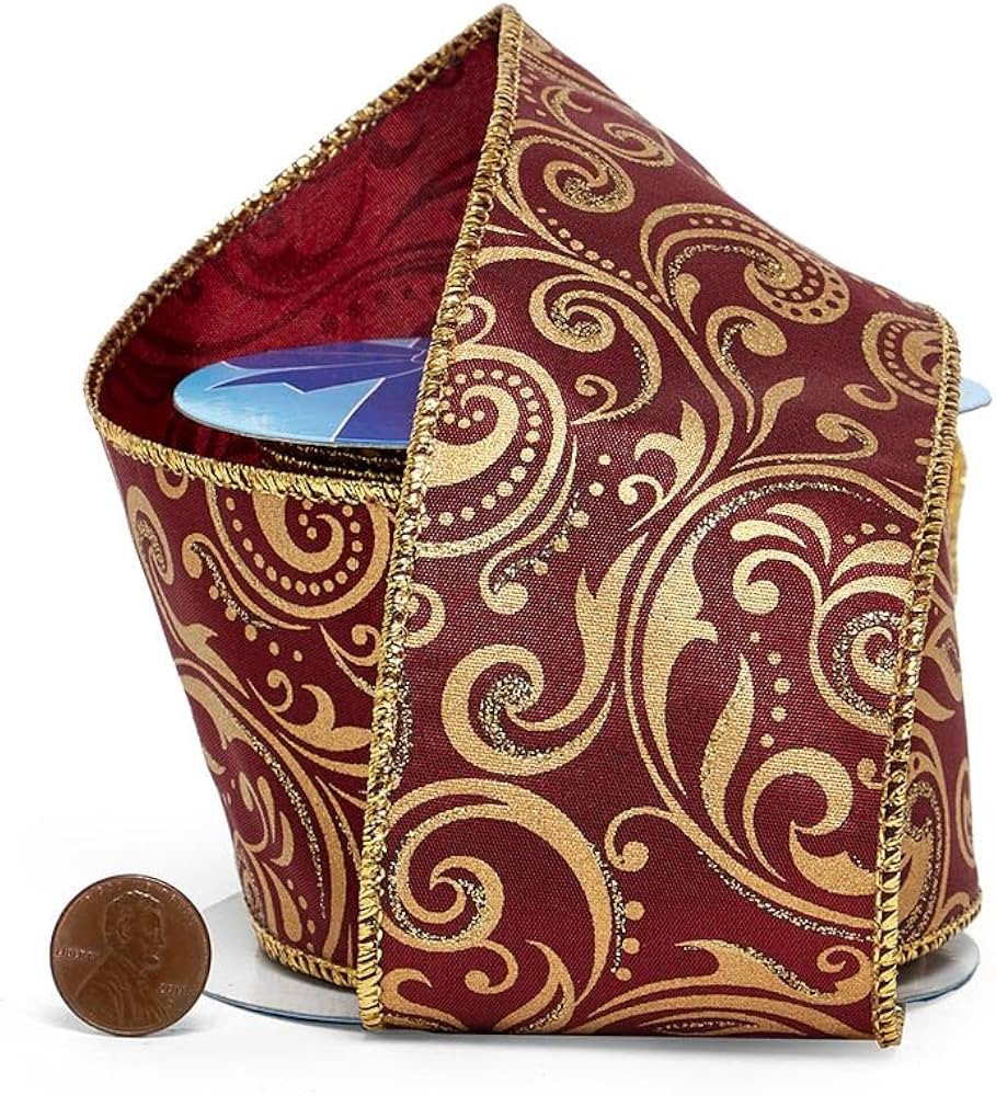 Cinta con alambre de sat\u00e9n damasco burdeos/dorado de 2 1/2" X 10 yardas | Amazon (US)