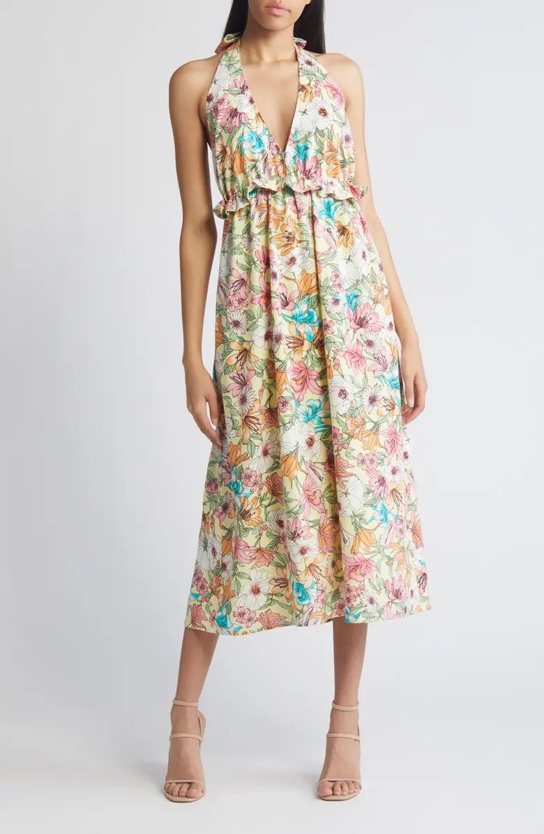 Floral Halter Linen Blend Midi Dress | Nordstrom