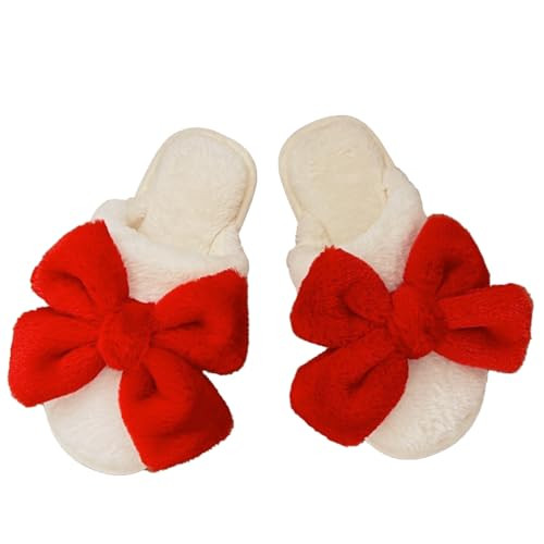 Loizziuy Women's Bow Slippers Fuzzy Cotton Slippers Cute Cotton All Seasons Indoor Home Anti-slip Warmth with Fluffy (US6-6.5 (CN36-37),Red+White,6,6.5) | Amazon (US)