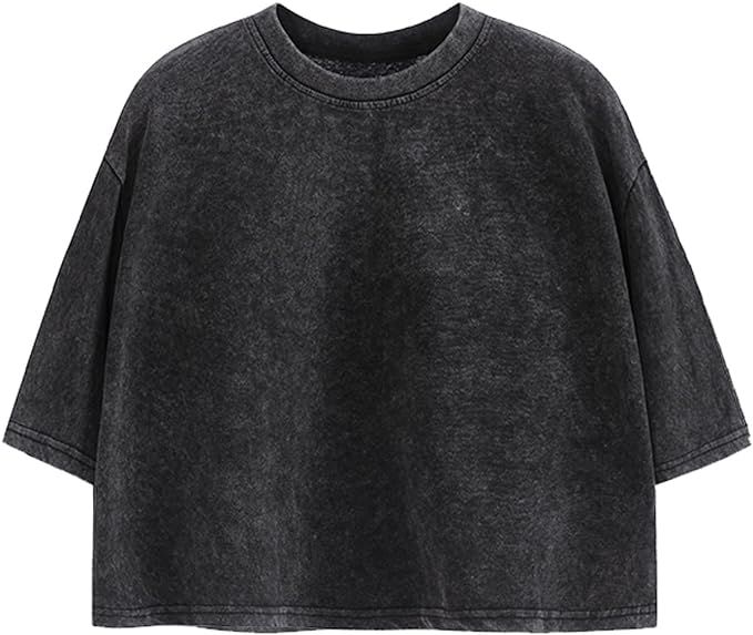 KEEVICI Cropped T Shirts for Women Vintage Baggy Solid Color Basic Tees Acid Wash Cotton Tshirt B... | Amazon (US)