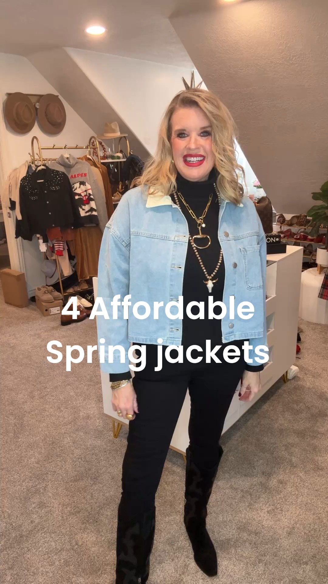 4 Affordable spring jackets you’ll love and wear often!

Under $45 
All fit true to size I am in a med in all.

Cropped light weight denim jacket with faux leather collar
In light denim and in black  denim .
So cute and can be styled so many ways.

Reversible funnel neck hip length rain coat. Camel solid color or a fun black plaid ;) love this jacket and how many ways you can wear it

Leopard  light weight faux fur feeling but Sherpa.
Who doesn’t love leopard 

Full outfit worn with each jacket

Black Spanx skinny jeans save 15% with code Deardarcyxspanx 
Tts in a med

Affordable rib turtleneck great weight, and a best seller under $36 in med

Dolce vita suede cowboy boots 
Narrow so size up if you don’t have a narrow foot 

Horse bit necklace handmade 
Under $60

Handbeaded long necklace with cow head (mines old and  was pricey at a boutique 
Linked a similar one that’s very affordable. 



#LTKOver40 #LTKootd #LTKgrwm