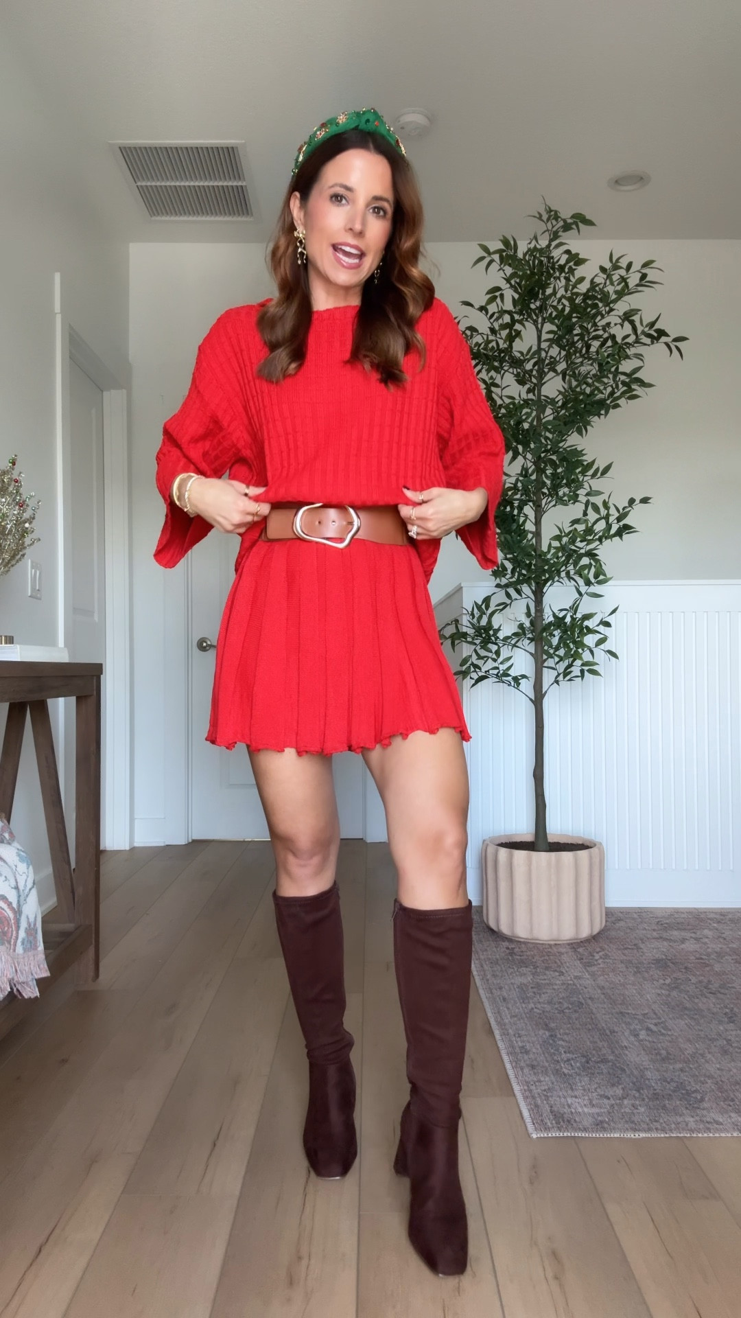 Amazon Holiday outfit! Christmas outfit. Loving this comfy sweater skirt set and matching headband. Wearing XS - runs a little big so size down if in-between! Color is orange-red. I went up half a size in knee high boots!

#LTKPetite #LTKHoliday #LTKGiftGuide