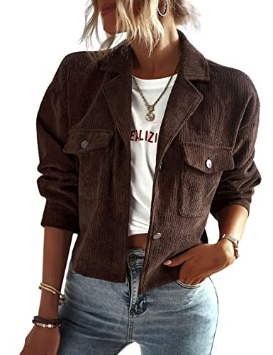 Kwoki Women's Corduroy Jackets Casual Button Down Cropped Shacket Fashion Trendy Crop Blazer Tops KF0097 Coffee S | Amazon (US)