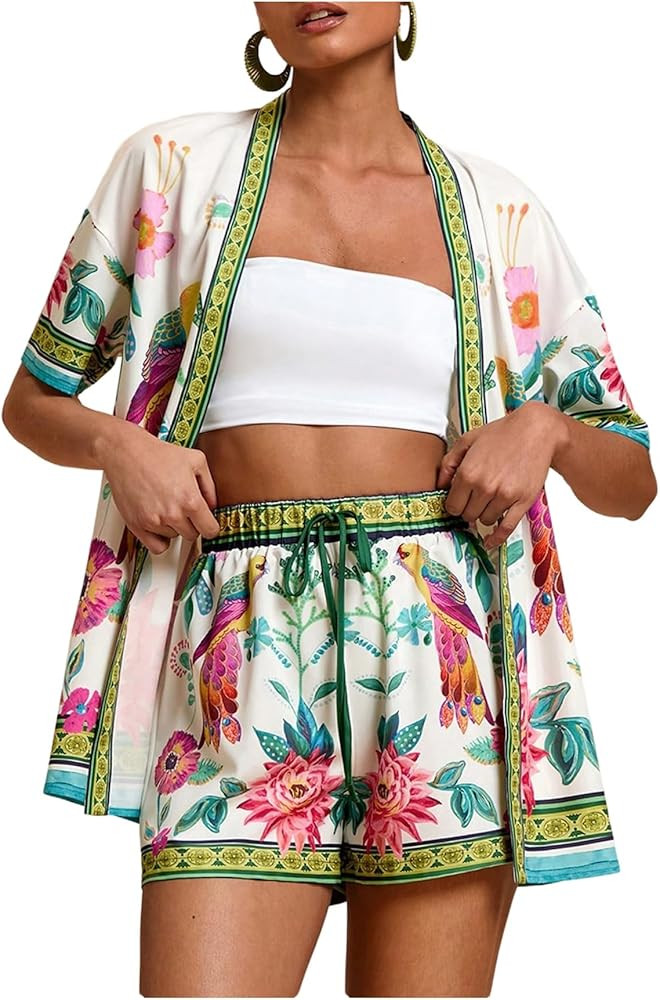 MakeMeChic Women's Tropical Beach Vacation Outfits Summer Two Piece Sets Boho Floral Kimono Tops ... | Amazon (US)