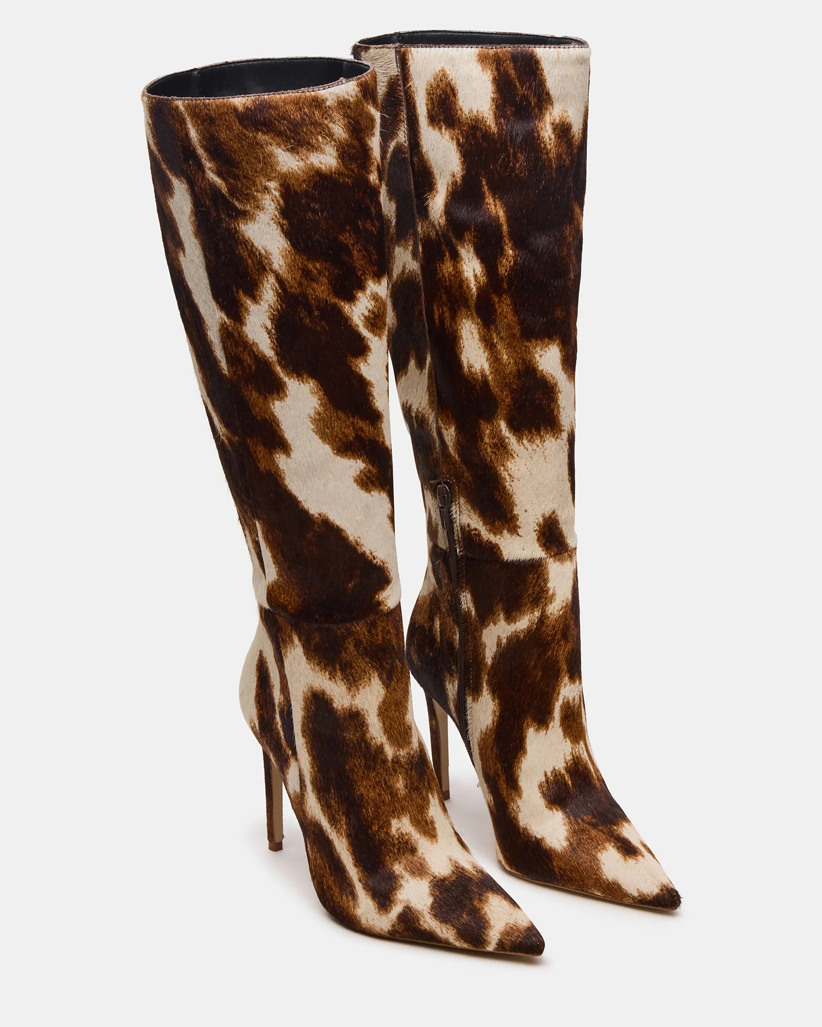 NITRO Brown Cow Print Wide Calf Pointed-Toe Stiletto Heel Knee-High Women's Boots | Steve Madden (US)