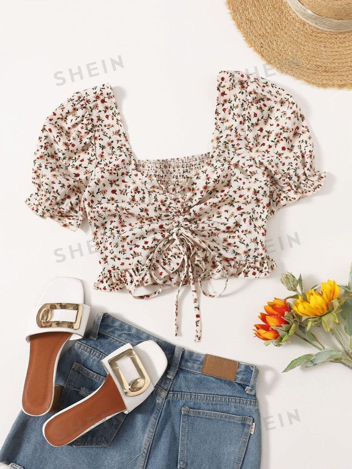 SHEIN WYWH Ditsy Floral Shirred Back Drawstring Ruched Front Ruffle Trim Top | SHEIN