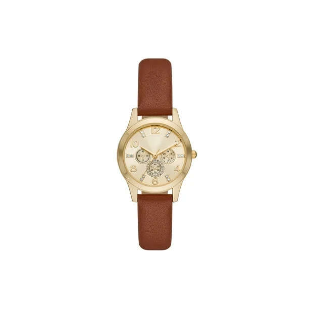 Time and Tru Ladies' Watch with Gold Tone Case, Gold Sunray Dial and Brown Vegan Leather Strap - ... | Walmart (US)