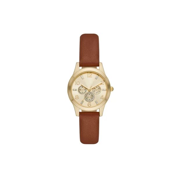 Time and Tru Ladies' Watch with Gold Tone Case, Gold Sunray Dial and Brown Vegan Leather Strap - ... | Walmart (US)