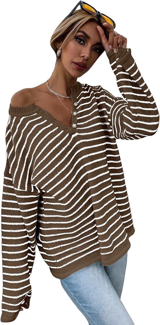 SHENHE Women's Striped Long Sleeve Button Up Ribbed Knit Oversized Sweater Tops | Amazon (US)