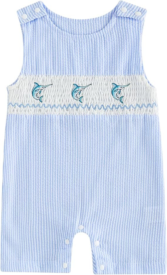 Newborn Baby Boys Sleeveless Seersucker Romper One Piece Straps Overalls Striped Jumpsuit Summer ... | Amazon (US)