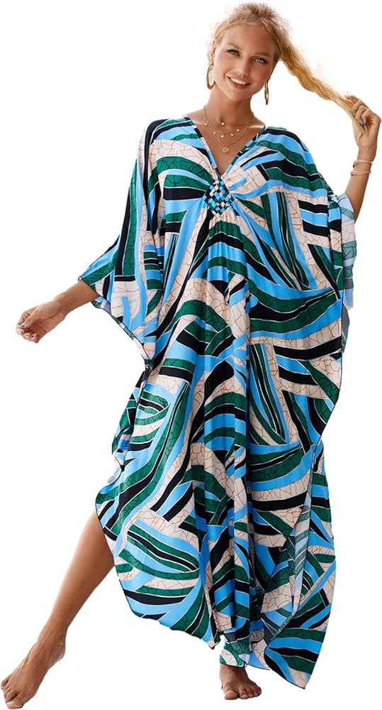 RanRui Women Geometric Print Kaftan Dresses Caftans Loungewear with Waist Drawstring | Amazon (US)