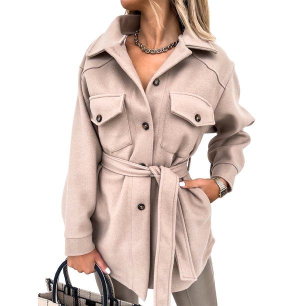 ABICLOTH Womens Long Sleeve Shacket Single Breasted Button-Up Tie Belt Jacket Trench Coat Plain O... | Walmart (US)