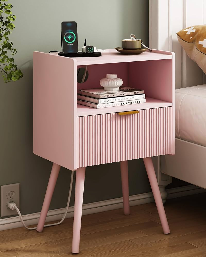 Nightstand with Oultlet,Modern Bedside Table with Storage Drawer and Open Wood Shelf, for Living ... | Amazon (US)