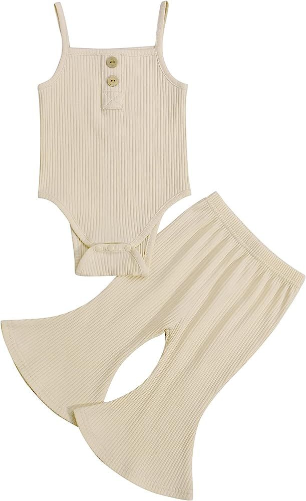 Toddler Baby Girls Clothes Sleeveless Strap Romper Ribbed Cotton Top Flared Pant Bell-Bottom Outf... | Amazon (US)