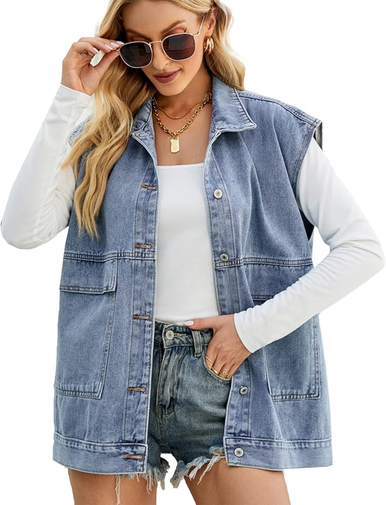 Womens Denim Jean Vest Oversized Sleeveless Button Down Mid Long Denim Jean Jacket | Amazon (US)