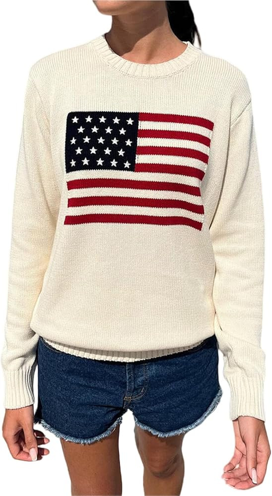 Womens American Flag Sweater Long Sleeve Round Neck Sweater Aesthetic Knitted Pullover Top | Amazon (US)