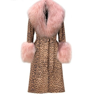 Women's Mongolia Sheep Fur Collar Leopard Print Real Leather Jacket Coat Long | eBay US