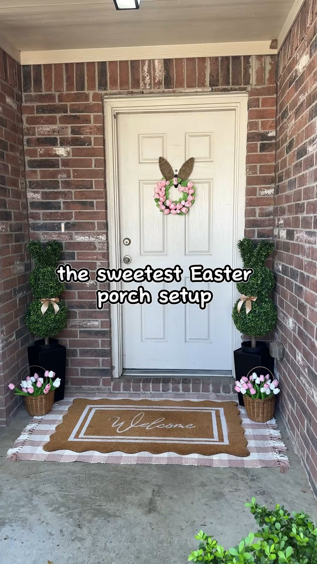 Easter Porch with the sweetest pinks, faux real touch tulips and the cutest bunny topiaries! 🐰 

#LTKHome #LTKSeasonal