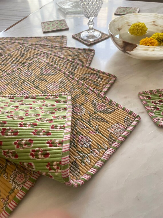 Hand Block Print QUILTED REVERSIBLE Placemat & Coaster Set/ | Etsy | Etsy (US)