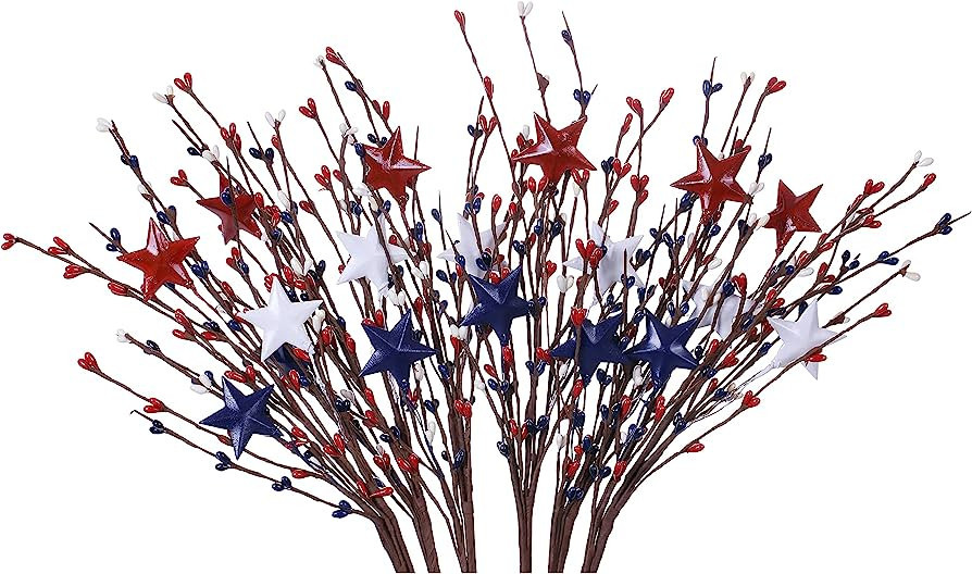 LLZLL 6 Pack Patriotic Picks,17in Tall 4th of July Stems Red White Blue Berry and Star Spray for ... | Amazon (US)