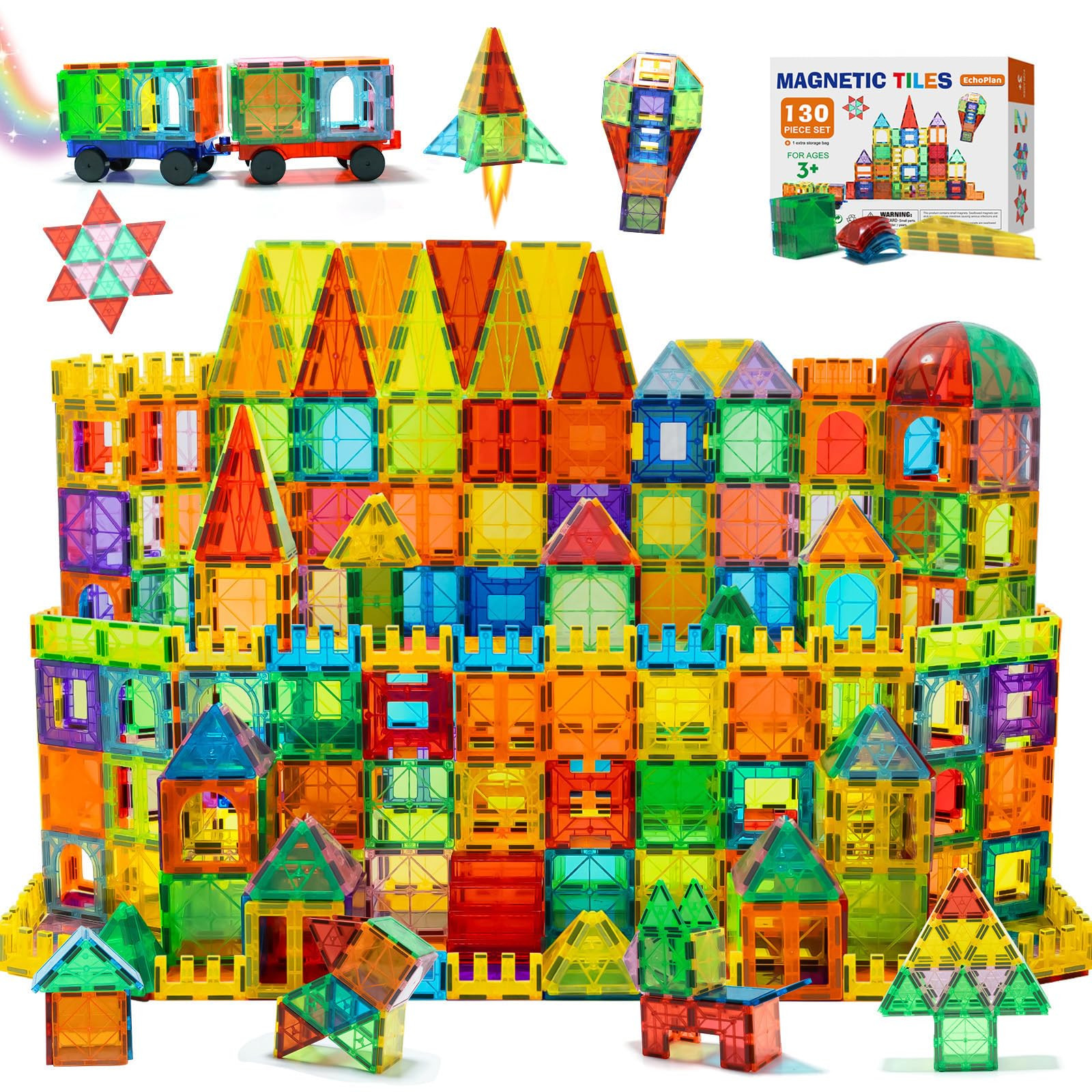 EchoPlan Magnetic Tiles, 130PCS Magnetic Blocks with 2 Cars, Magnet Tiles 3D Clear Building Block... | Amazon (US)