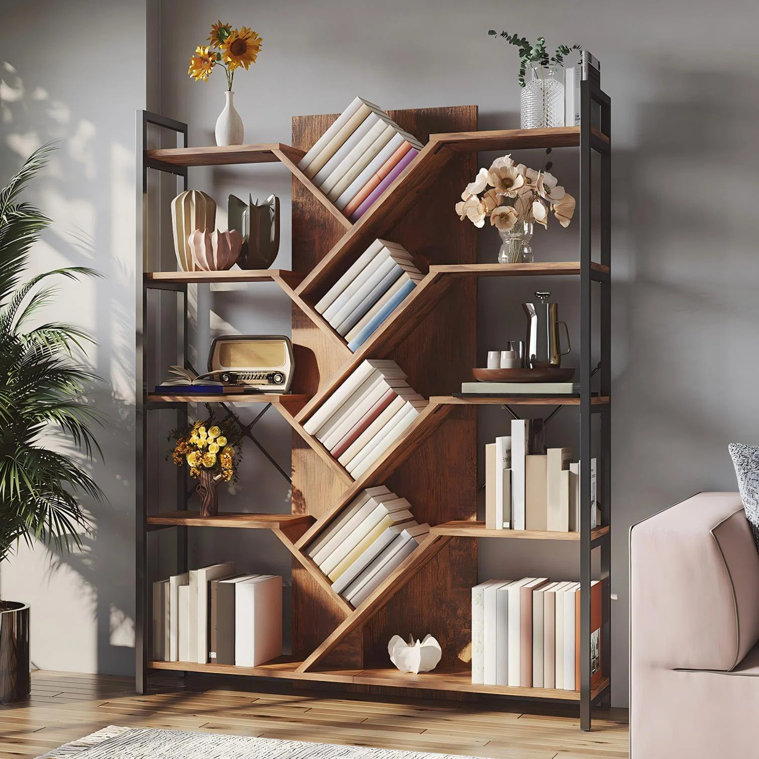 5 Tier Industrial Tree Silhouette Bookshelf, Tall Open Storage Rack, Spacious Organizer for Livin... | Wayfair North America