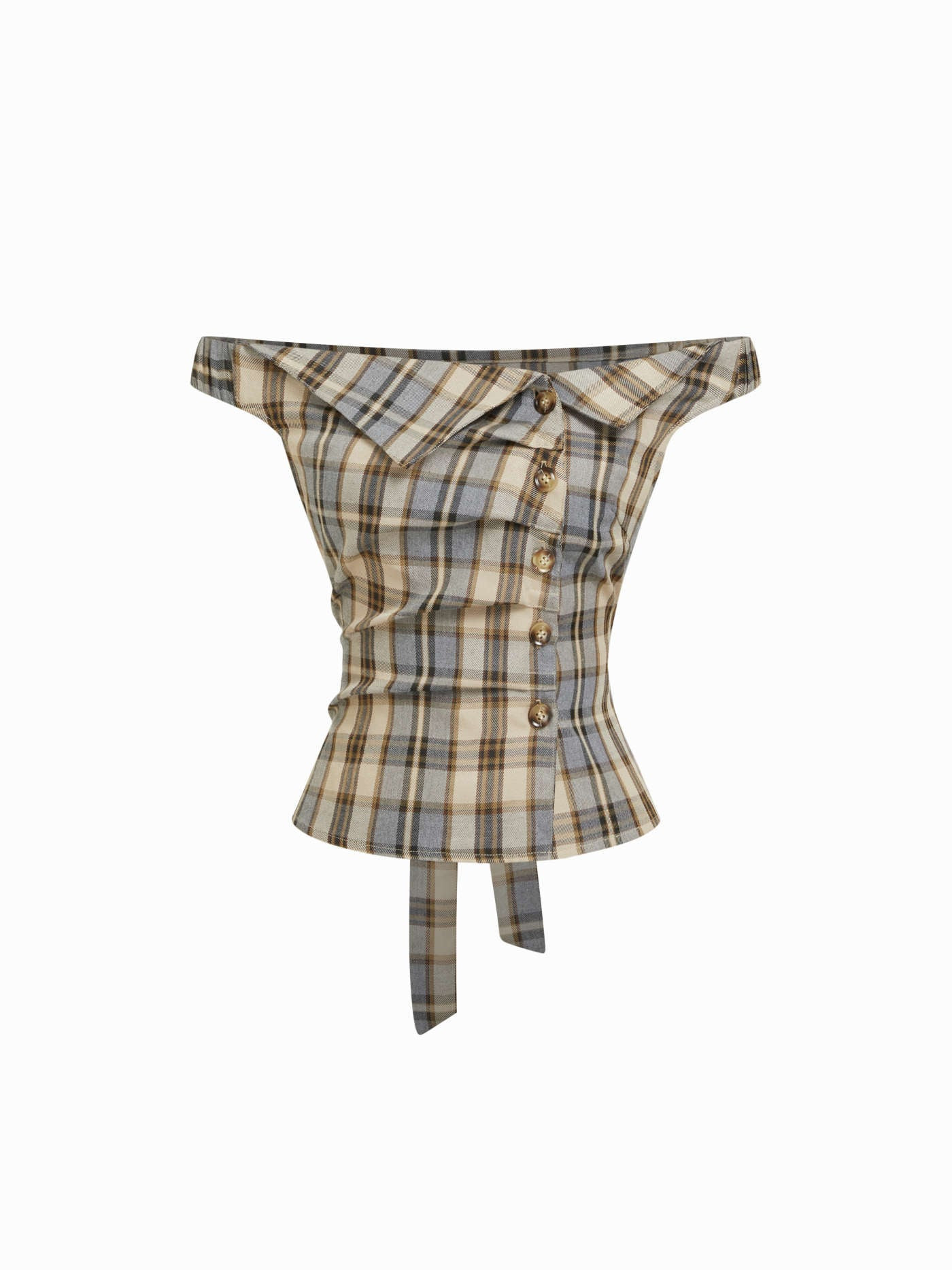 Plaid Asymmetrical Neck Ruched Short Sleeve Blouse | Cider