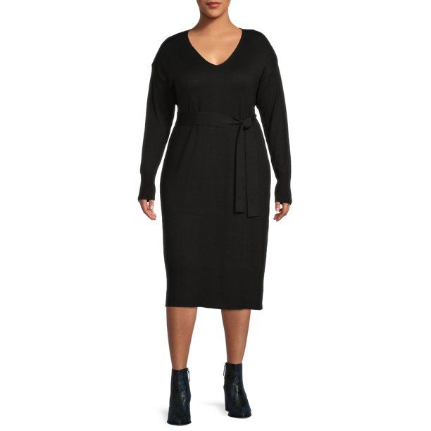 Terra & Sky Women's Plus Size Belted Sweater Dress - Walmart.com | Walmart (US)