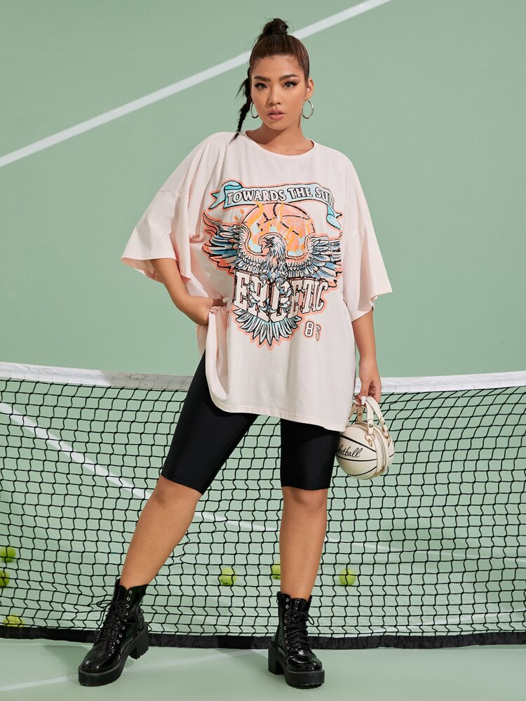 SHEIN Plus Eagle & Slogan Graphic Drop Shoulder Tee | SHEIN
