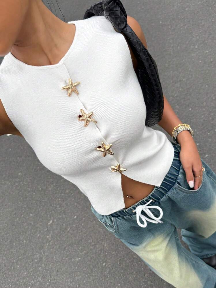 Muchica Sleeveless Open Front Cardigan With Metal Decor, Summer | SHEIN