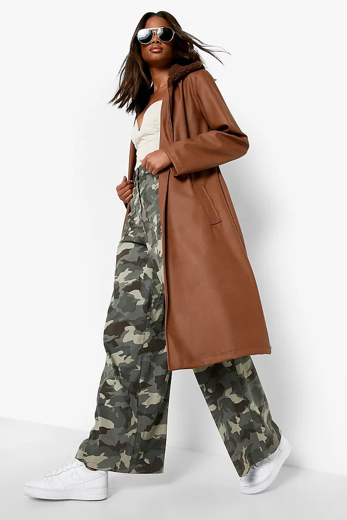 Faux Fur Collar Pu Coat | Boohoo.com (US & CA)