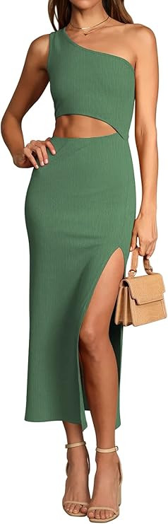 VamJump Women's One Shoulder Sleeveless Bodycon Dresses Cut Out Side Split Knit Ribbed Midi Dress... | Amazon (US)