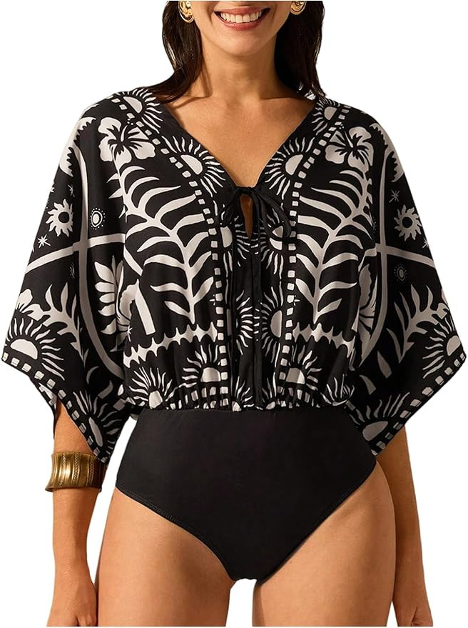 MakeMeChic Women's Boho Bodysuit Tops Tropical Print V Neck Dolman Sleeve Summer Tie Up Blouse | Amazon (US)