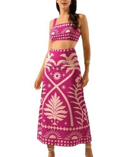 THLAI Women 2 Piece Midi Skirt Sets Tropical Print Crop Top and Midi Skirt Set Summer Casual Vaca... | Amazon (US)