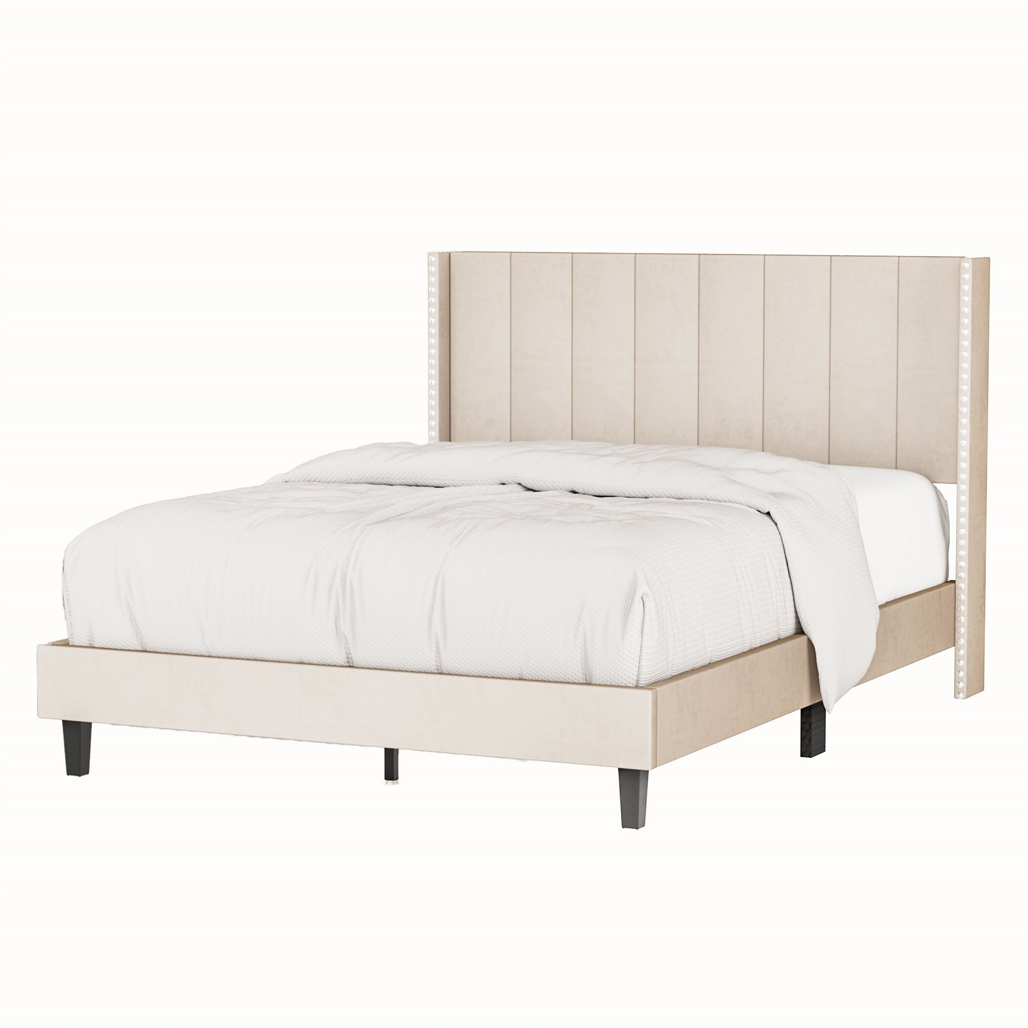 Beige Velvet Upholstered Bed Frame with Tufted Headboard Nailheads | Bed Bath & Beyond