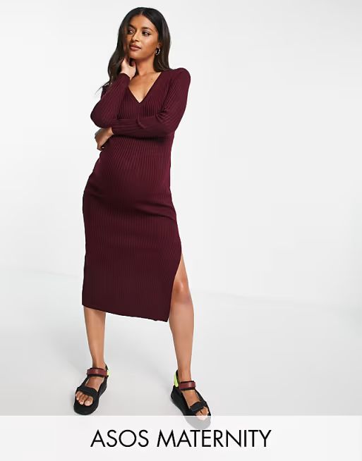 ASOS DESIGN Maternity knitted dress with v neck in rib in dark red | ASOS (Global)