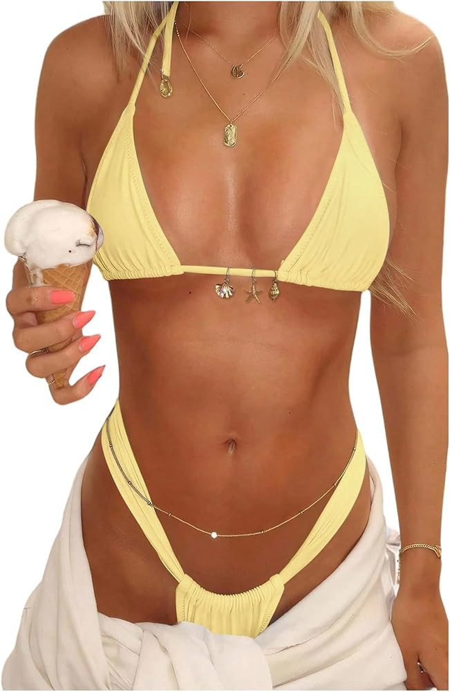 SOLY HUX Women's Halter Swimsuit Triangle Bikini High Cut Thong Bathing Suit Resort Wear 2 Piece | Amazon (US)